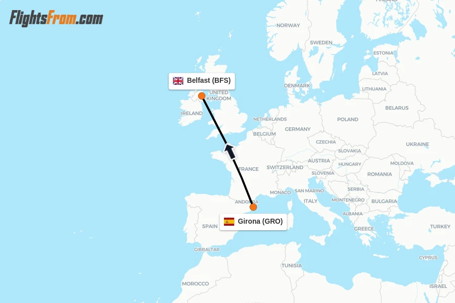 Flights from Girona to Belfast route map