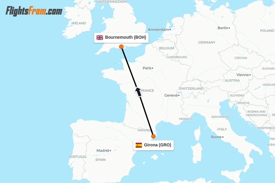 Flights from Girona to Bournemouth route map