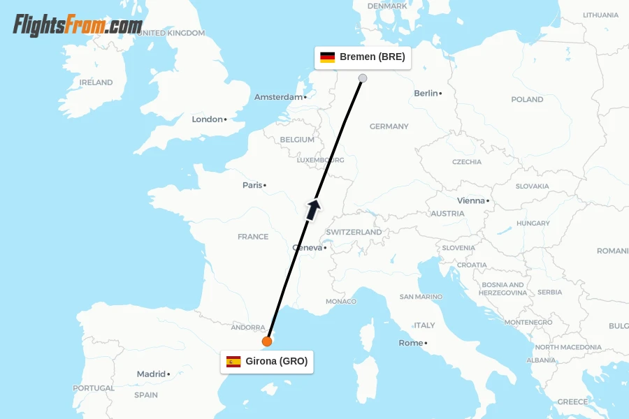 Flights from Girona to Bremen route map