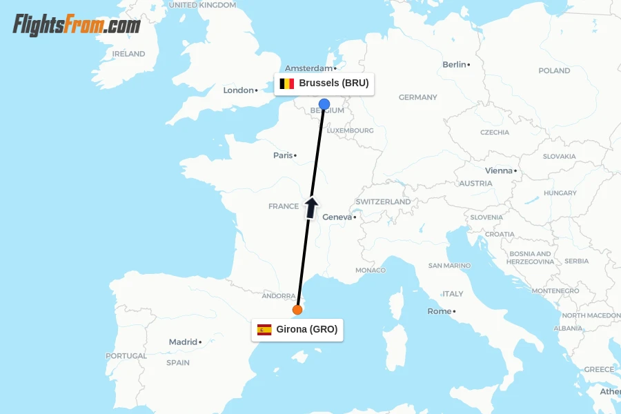 Flights from Girona to Brussels route map
