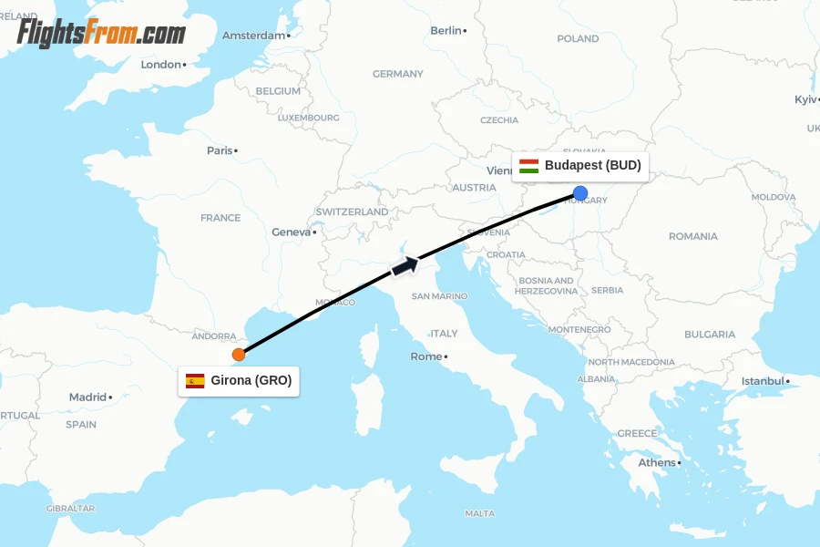 Flights from Girona to Budapest route map