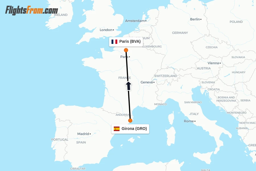 Flights from Girona to Paris route map
