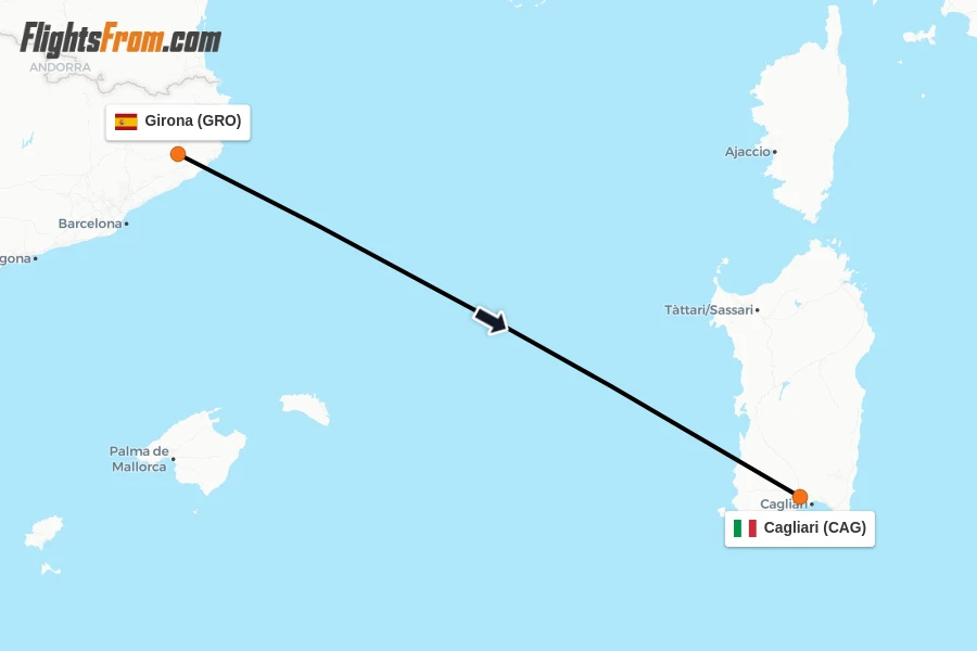 Flights from Girona to Cagliari route map