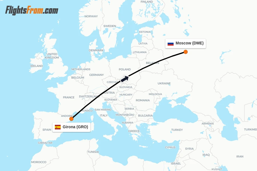 Flights from Girona to Moscow route map