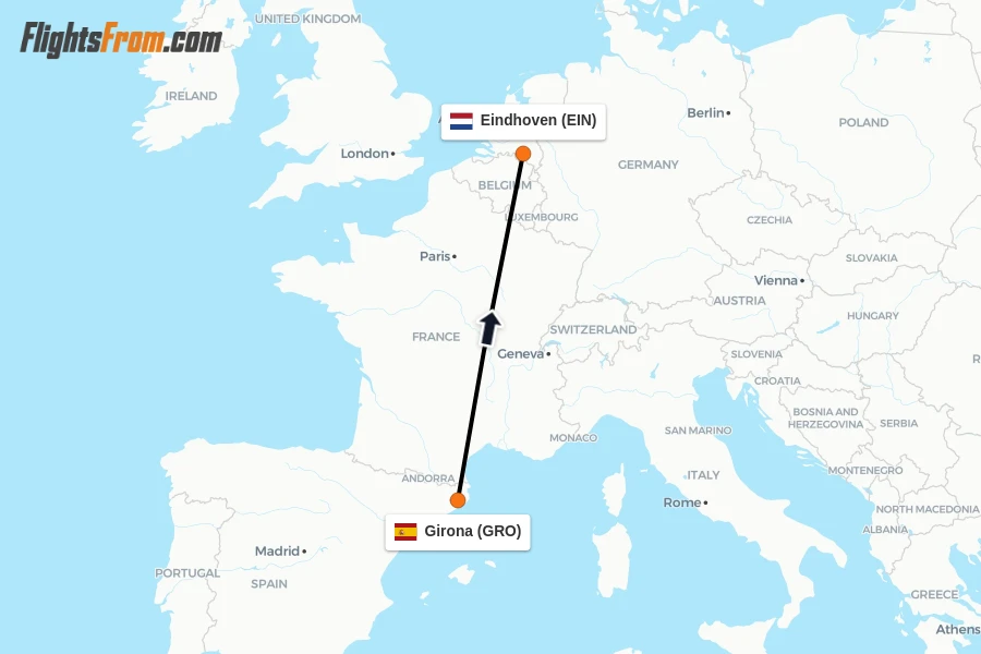 Flights from Girona to Eindhoven route map
