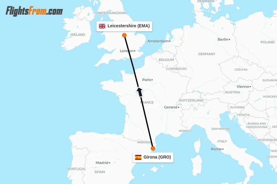 Flights from Girona to Leicestershire route map