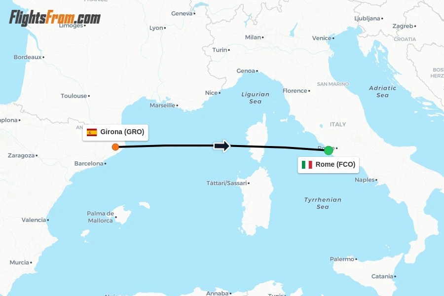 Flights from Girona to Rome route map