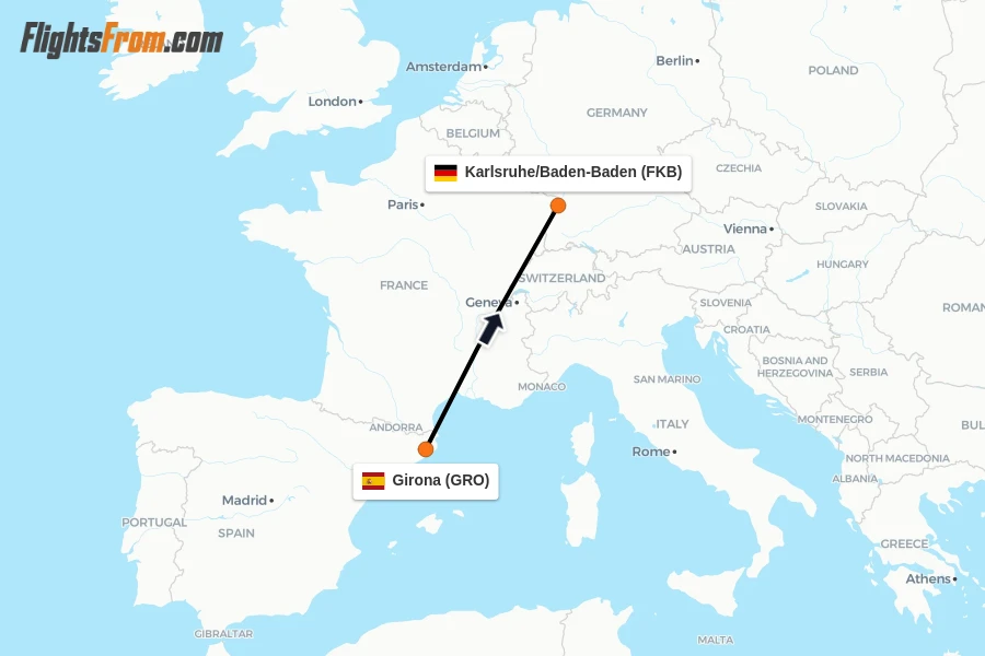 Flights from Girona to Karlsruhe/Baden-Baden route map
