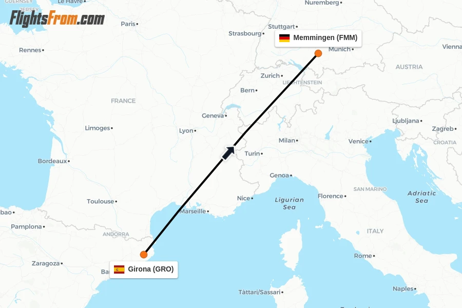 Flights from Girona to Memmingen route map