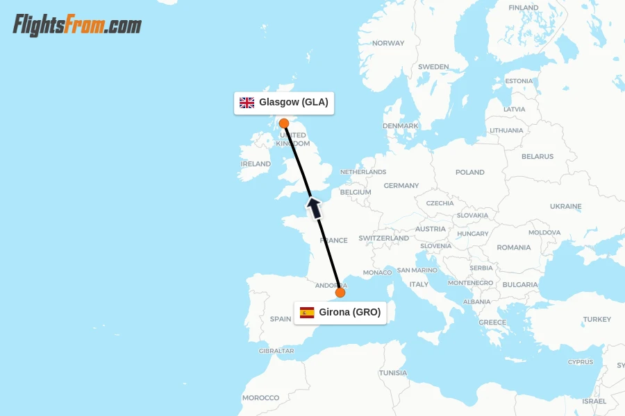 Flights from Girona to Glasgow route map