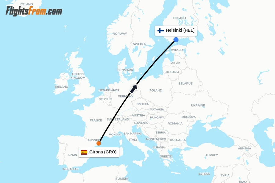 Flights from Girona to Helsinki route map