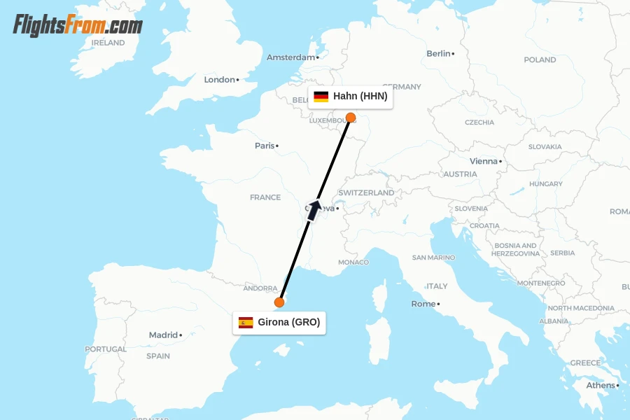 Flights from Girona to Hahn route map