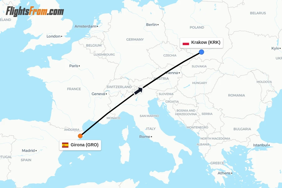 Flights from Girona to Krakow route map