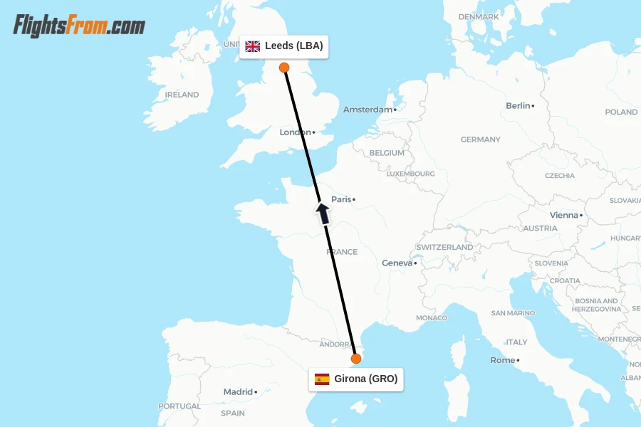 Flights from Girona to Leeds route map