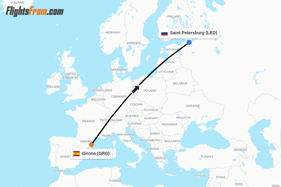 Flights from Girona to Saint Petersburg route map