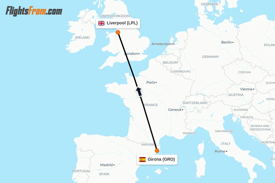 Flights from Girona to Liverpool route map
