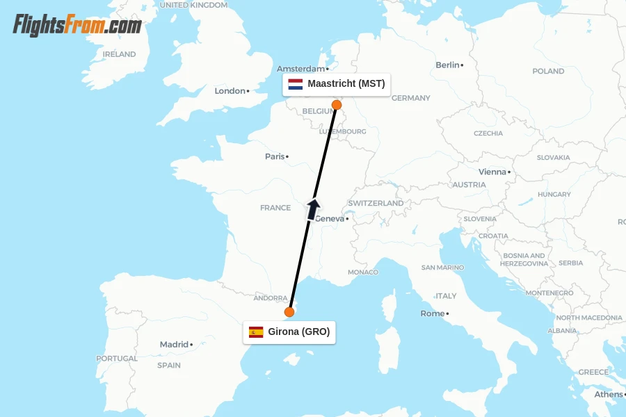Flights from Girona to Maastricht route map