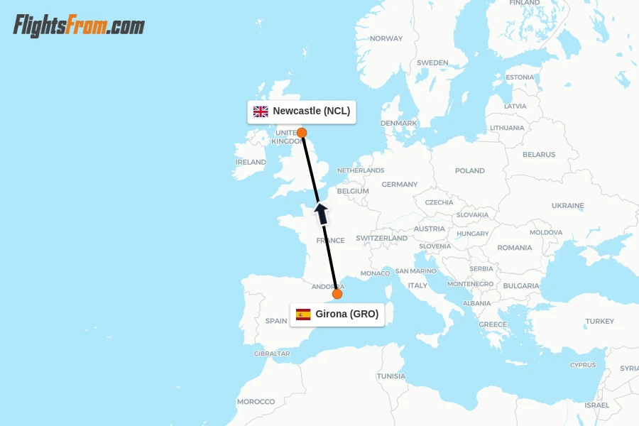 Flights from Girona to Newcastle route map