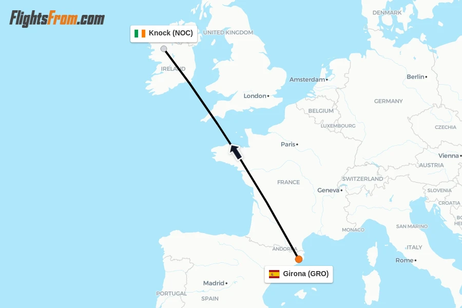 Flights from Girona to Knock route map