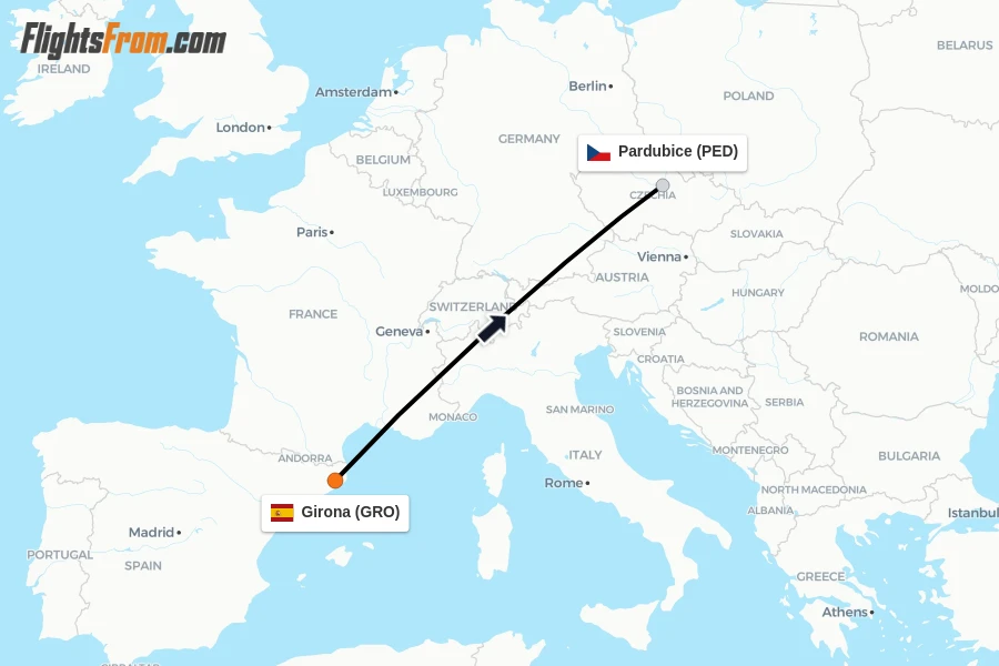 Flights from Girona to Pardubice route map