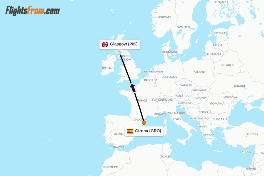 Flights from Girona to Glasgow route map