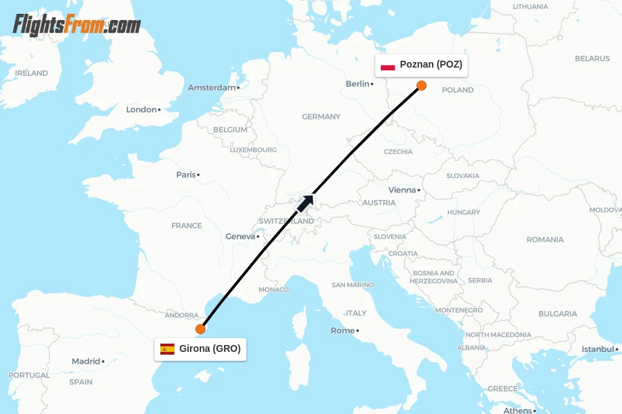 Flights from Girona to Poznan route map
