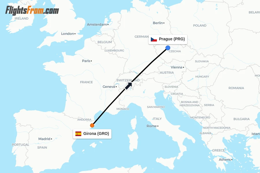 Flights from Girona to Prague route map