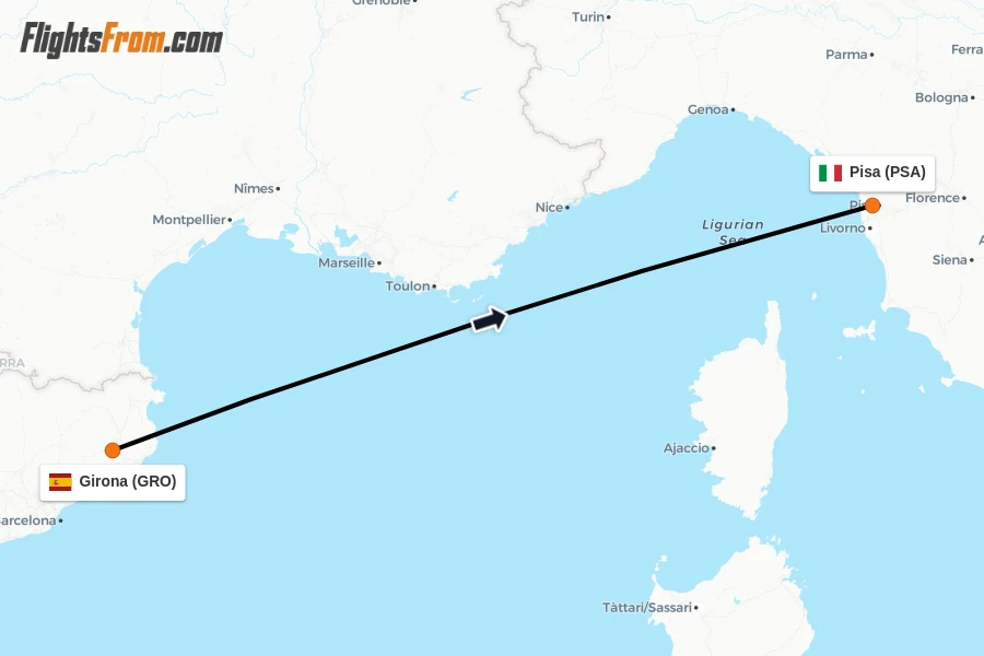 Flights from Girona to Pisa route map