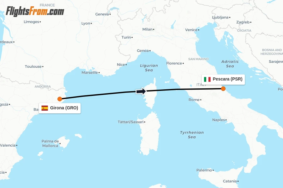 Flights from Girona to Pescara route map