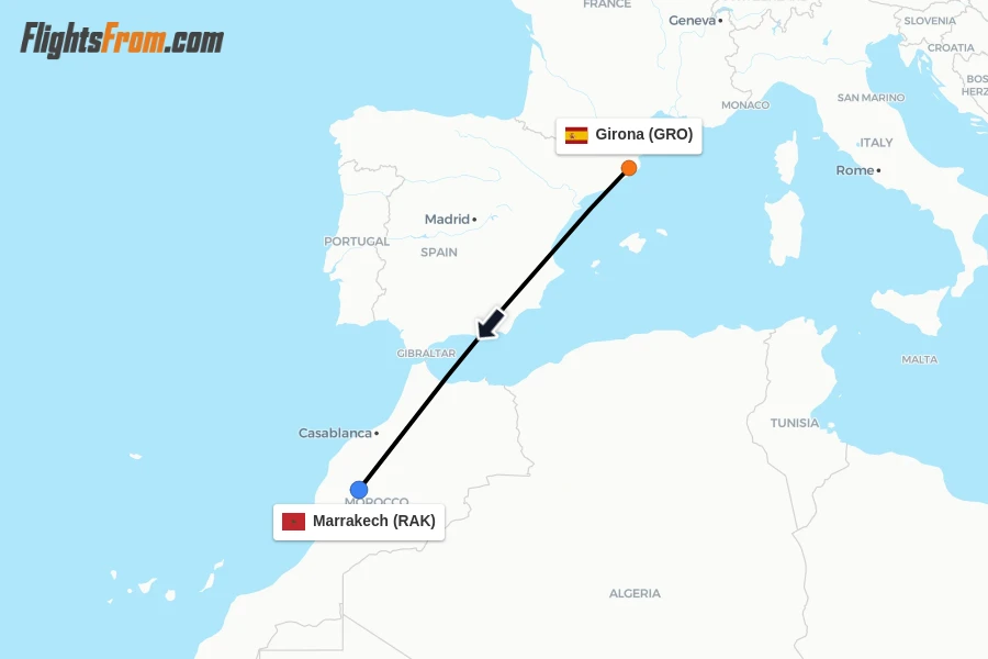 Flights from Girona to Marrakech route map