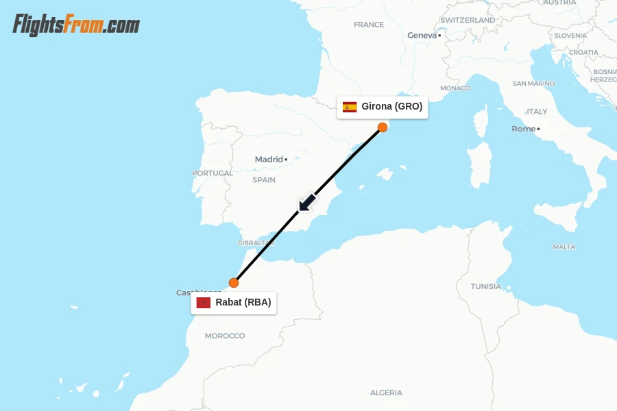 Flights from Girona to Rabat route map