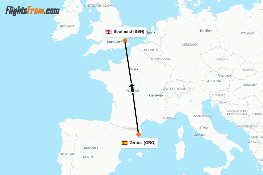 Flights from Girona to Southend route map