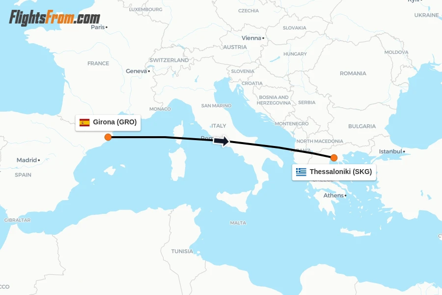 Flights from Girona to Thessaloniki route map