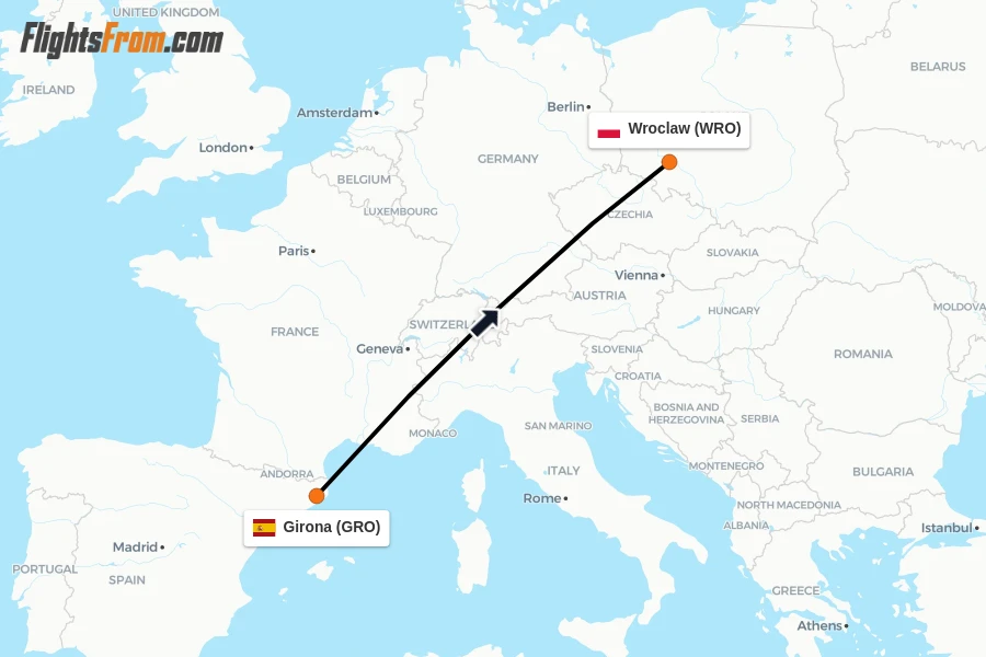 Flights from Girona to Wroclaw route map