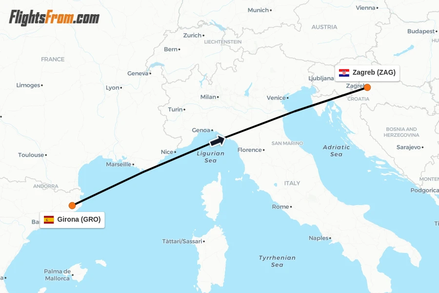 Flights from Girona to Zagreb route map