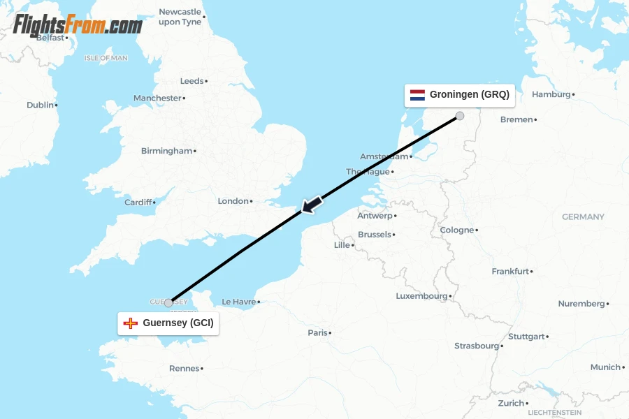 Flights from Groningen to Guernsey route map