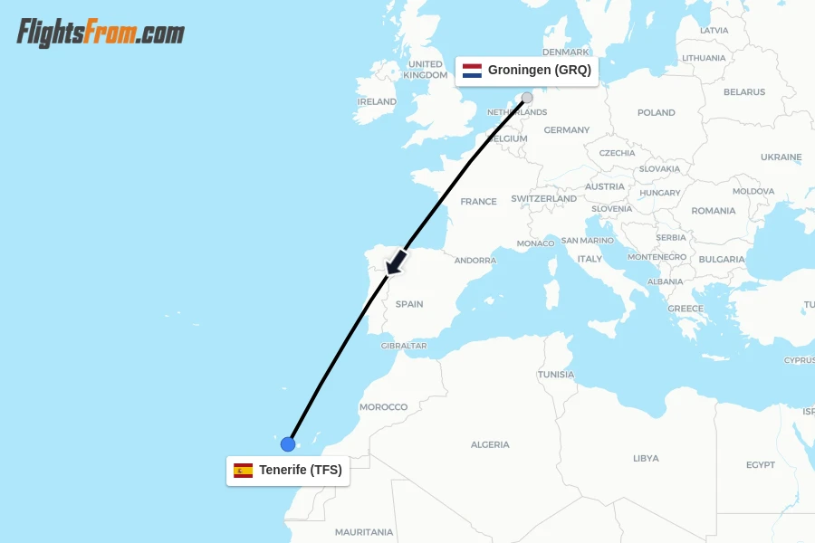 Flights from Groningen to Tenerife route map