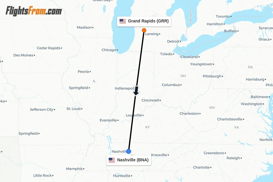 Flights from Grand Rapids to Nashville route map
