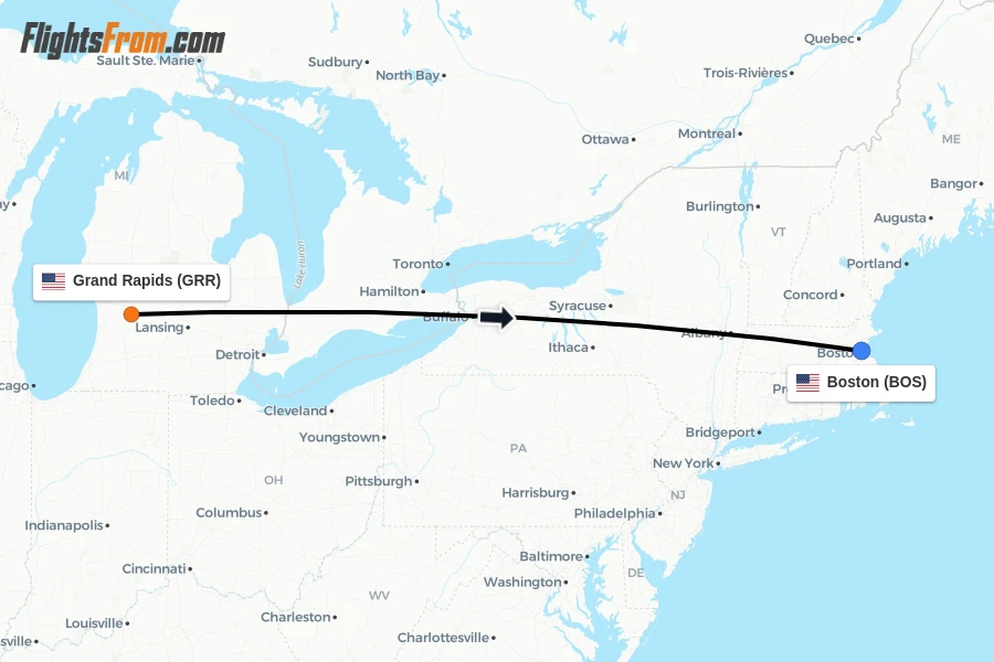 Flights from Grand Rapids to Boston route map