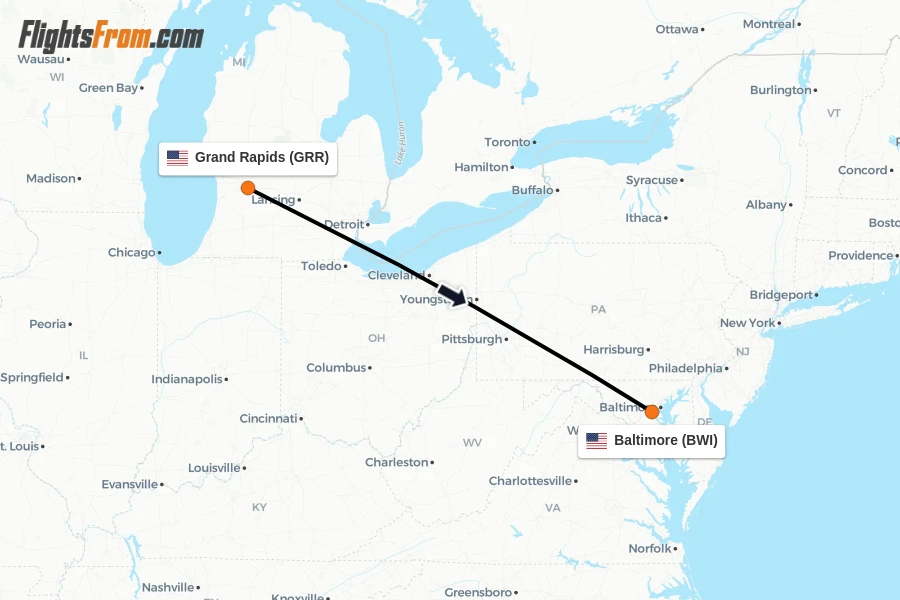 Flights from Grand Rapids to Baltimore route map