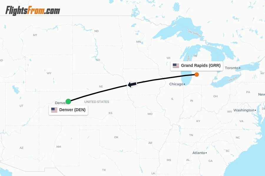Flights from Grand Rapids to Denver route map