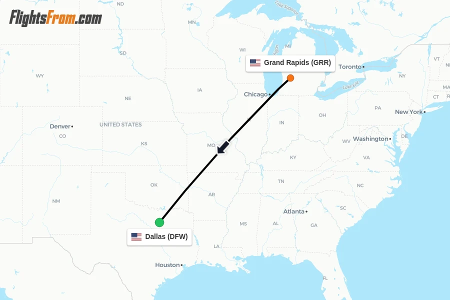 Flights from Grand Rapids to Dallas route map