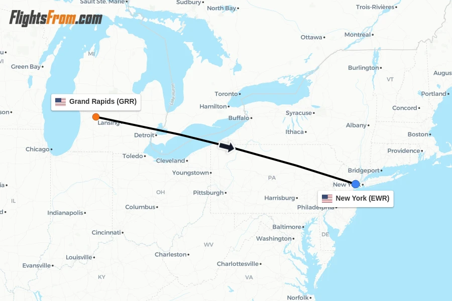 Flights from Grand Rapids to New York route map