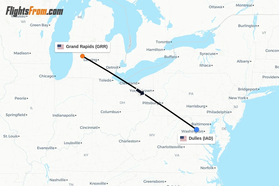 Flights from Grand Rapids to Dulles route map