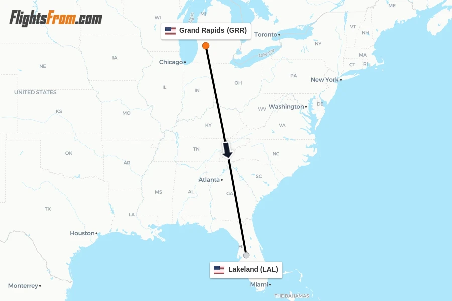 Flights from Grand Rapids to Lakeland route map