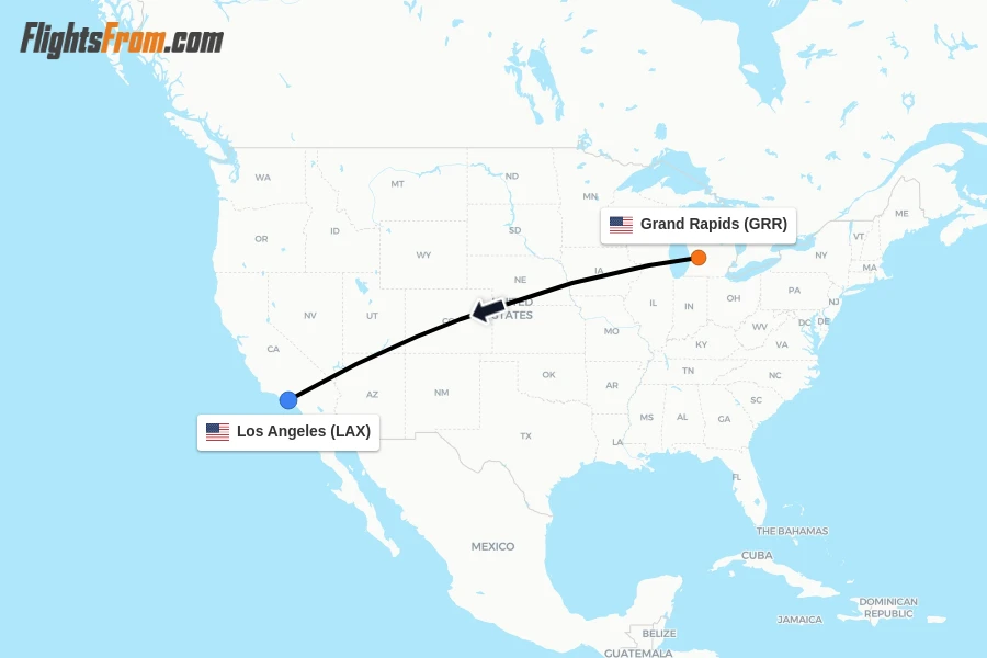 Flights from Grand Rapids to Los Angeles route map