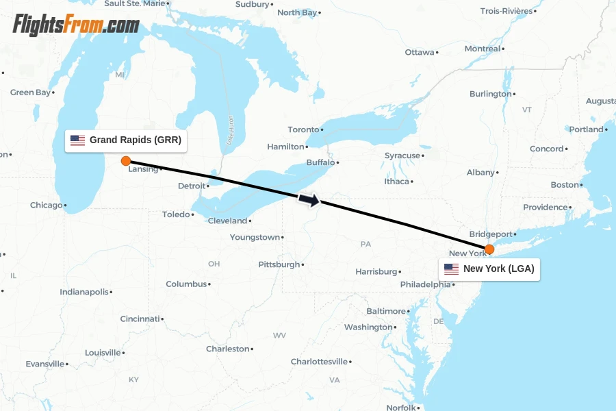 Flights from Grand Rapids to New York route map
