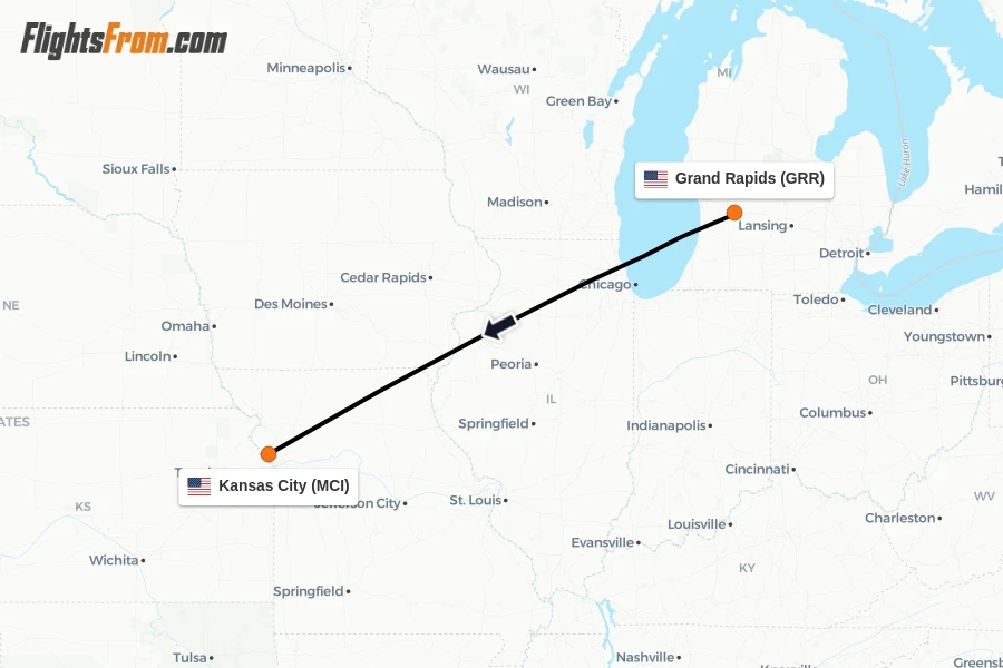 Flights from Grand Rapids to Kansas City route map