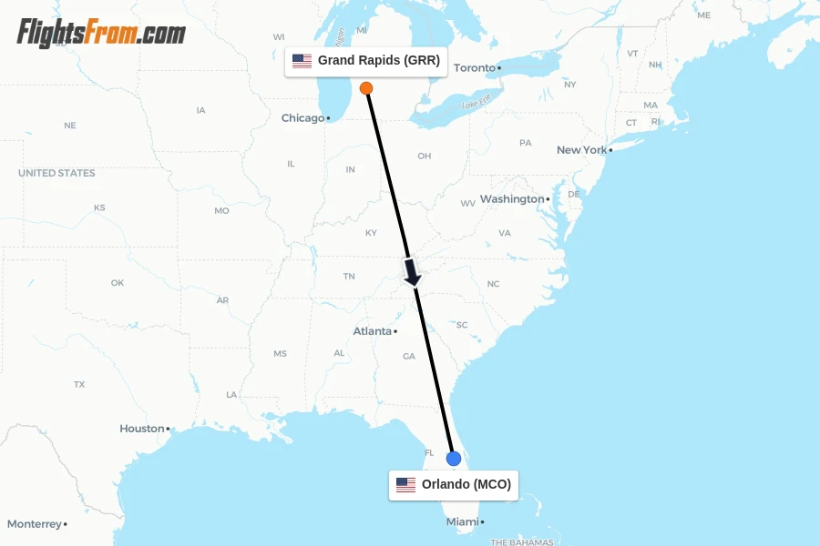 Flights from Grand Rapids to Orlando route map
