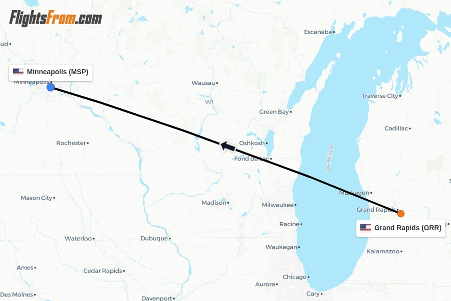 Flights from Grand Rapids to Minneapolis route map